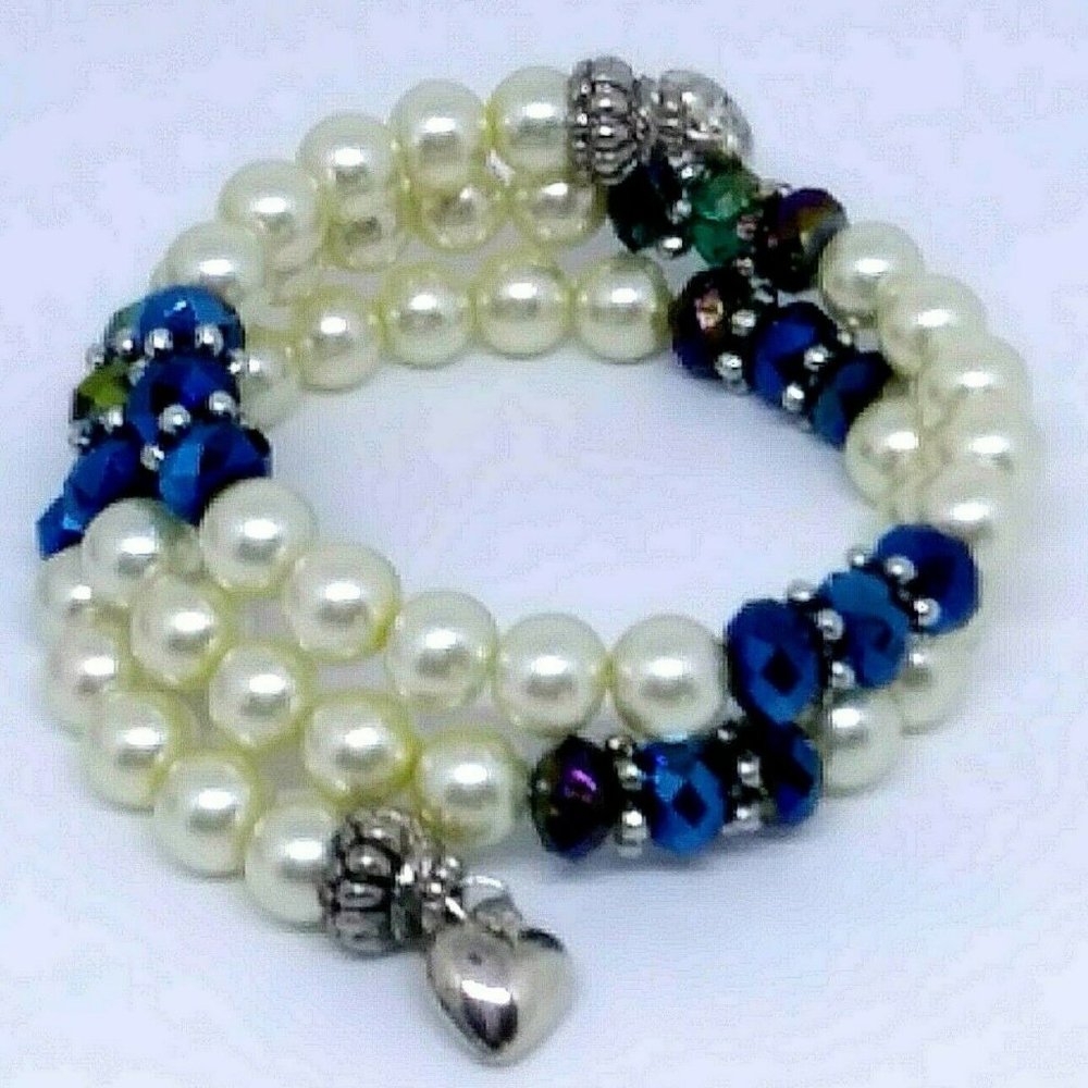 Bracelet Memory Wire  Creme Pearls  Blue Green